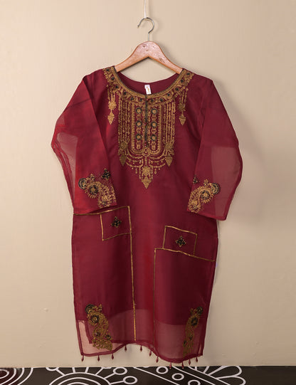 TS-106A-Maroon - Organza Embroidered Stitched Kurti