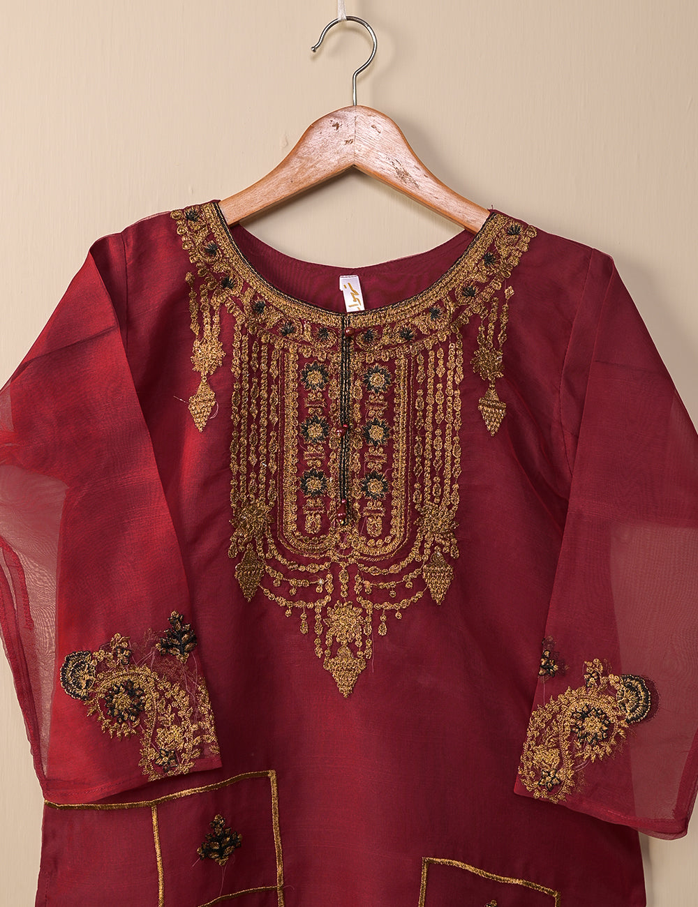 TS-106A-Maroon - Organza Embroidered Stitched Kurti