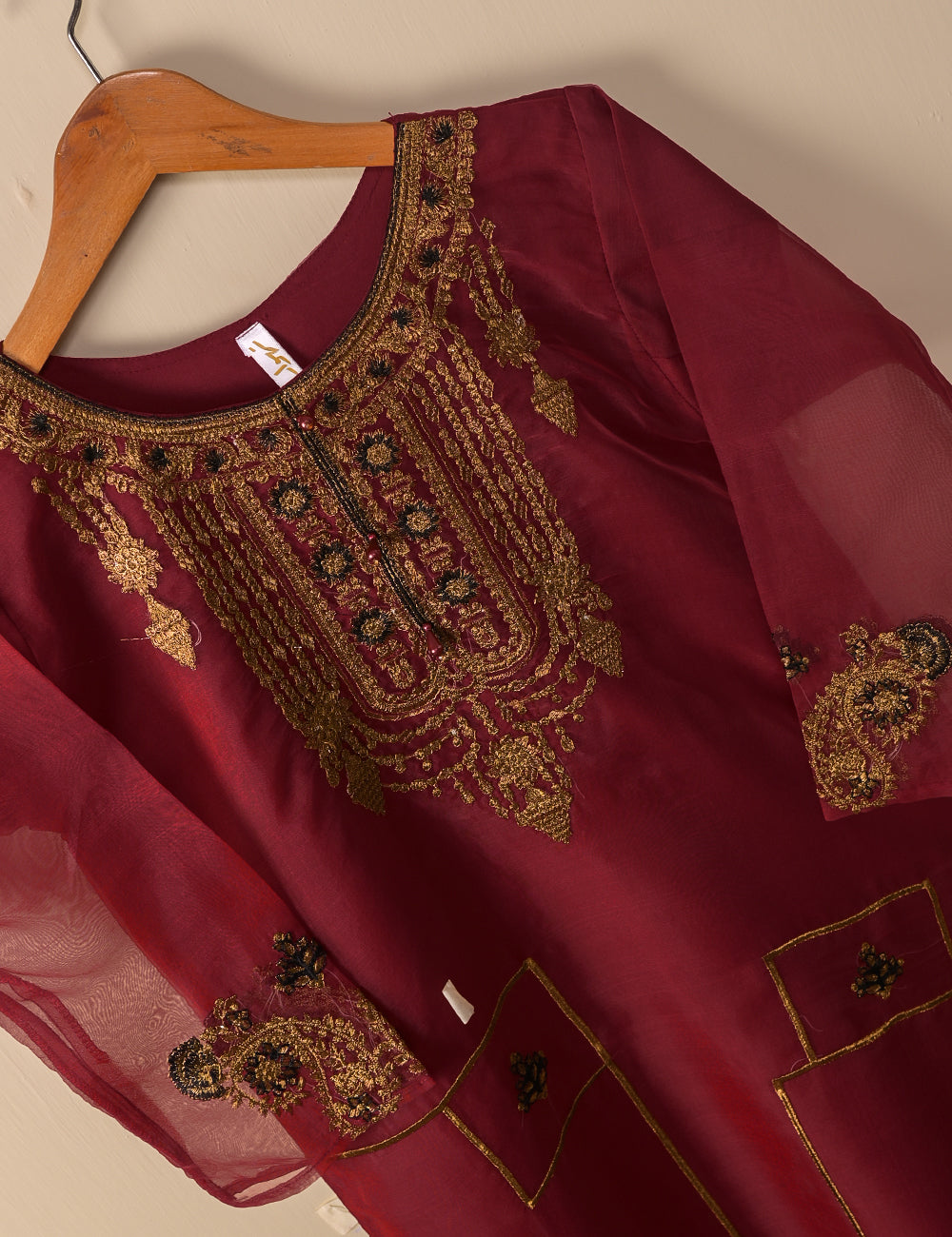 TS-106A-Maroon - Organza Embroidered Stitched Kurti