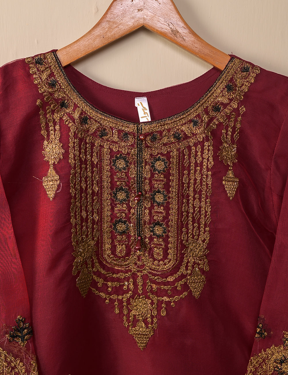 TS-106A-Maroon - Organza Embroidered Stitched Kurti