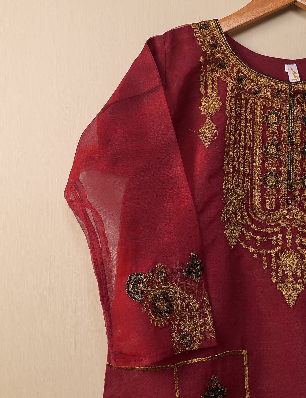 TS-106A-Maroon - Organza Embroidered Stitched Kurti