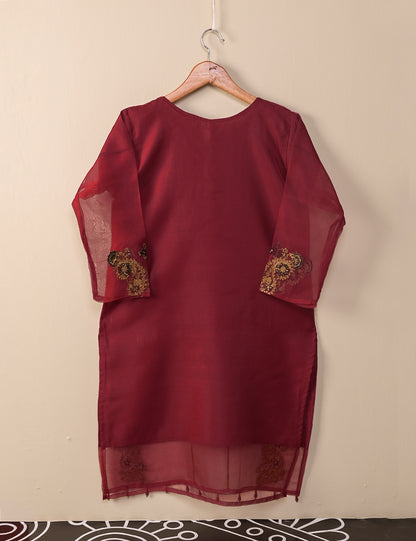 TS-106A-Maroon - Organza Embroidered Stitched Kurti