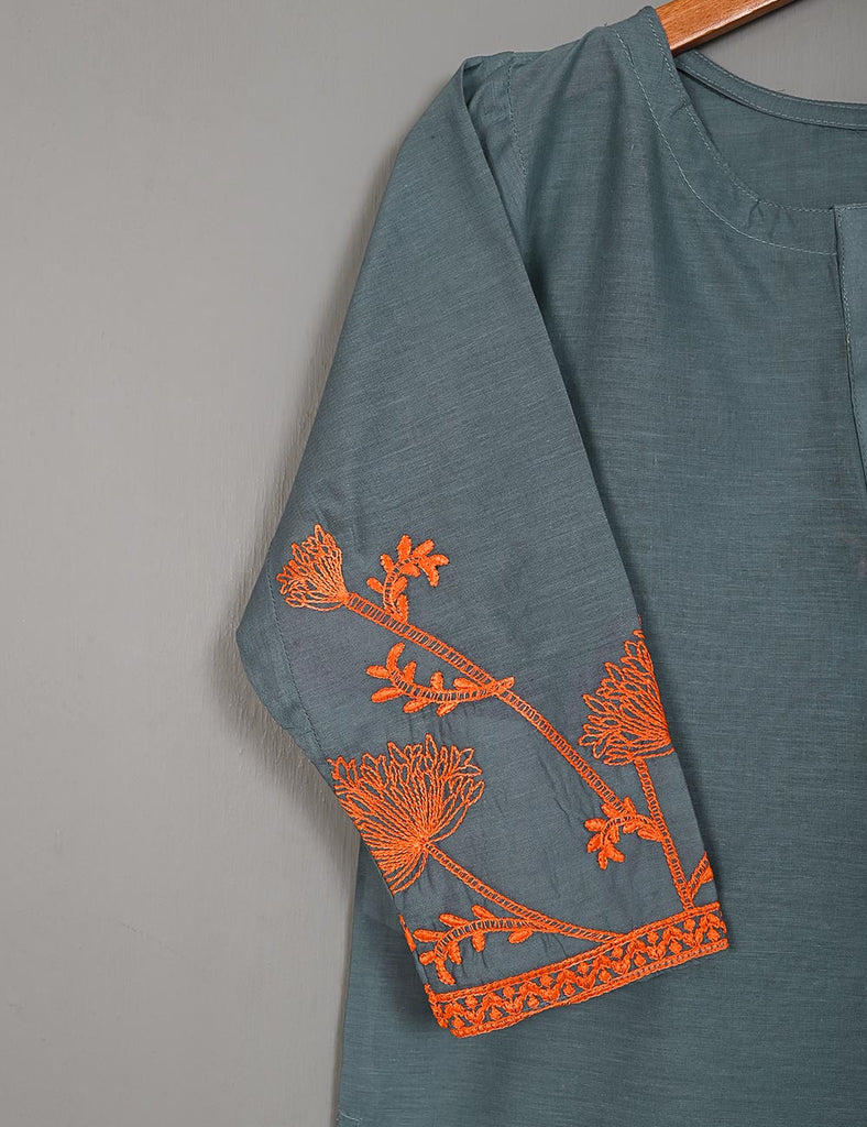 TS-143B-BluishGrey - Cotton Embroidered Stitched Kurti