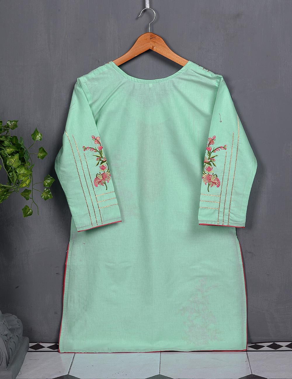 Cotton Embroidered Kurti - Tropical Hibiscus (T20-018-SkyBlue)