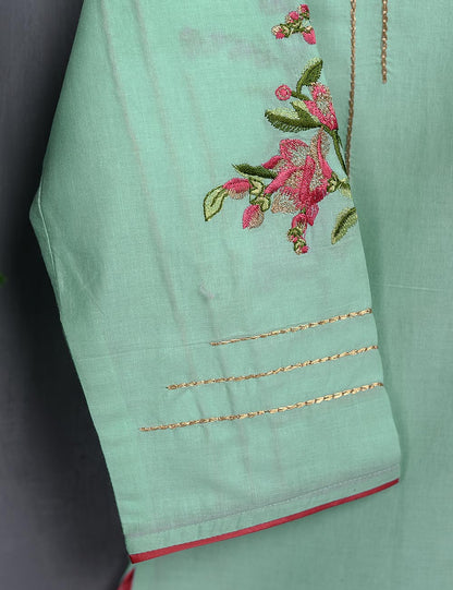 Cotton Embroidered Kurti - Tropical Hibiscus (T20-018-SkyBlue)