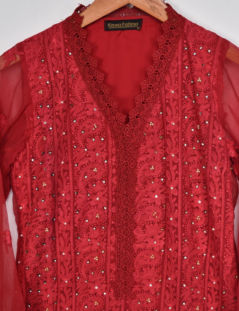 Chiffon Embroidered Stitched Kurti - Vermillion (TIE-15-Red)